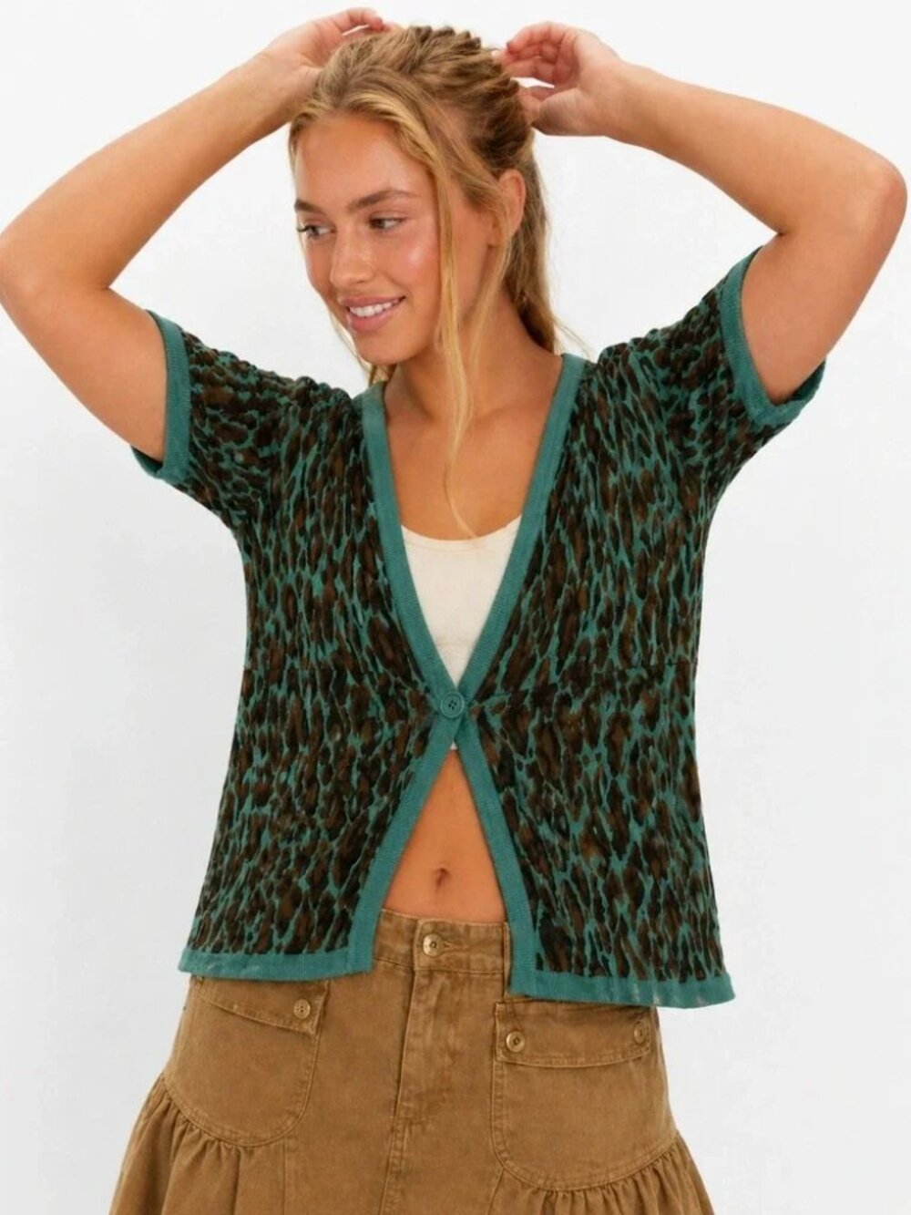 Moi Moi Leopard Print Short Sleeve Cardigan Knit Top - Size L